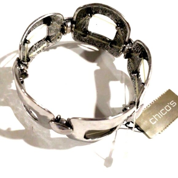 CHICO'S Silver-Tone Geometric Stretch Bracelet, Modern Women's Statement Jewelry - Picture 5 of 11